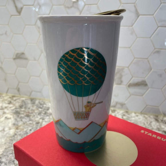 Starbucks 2014 Hot Air Balloon Ceramic Travel Tumbler Mug 12oz with Gold lid - Picture 3 of 8